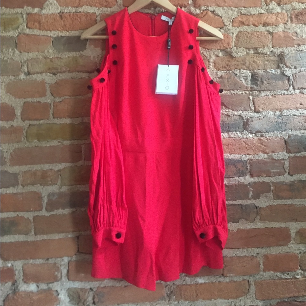 Alexis Asher romper  cold shoulder, w black poms